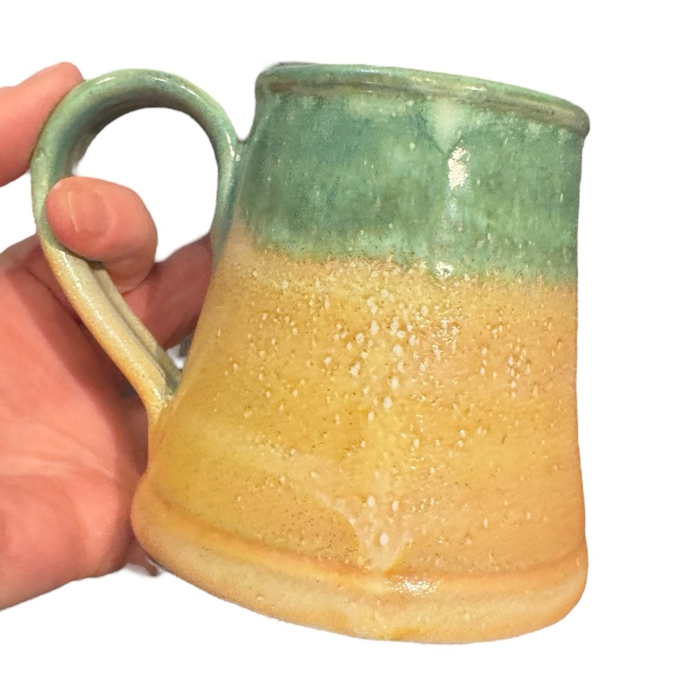 Handmade ceramic pottery sage Green and yellow Mug signed Barbados